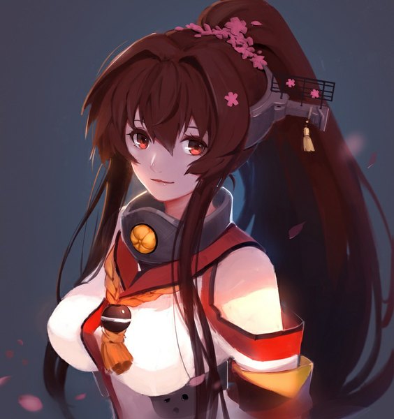 Anime picture 800x851 with kantai collection yamato super battleship sola7764 single tall image looking at viewer blush fringe breasts simple background smile red eyes brown hair large breasts bare shoulders upper body ponytail long sleeves very long hair hair flower