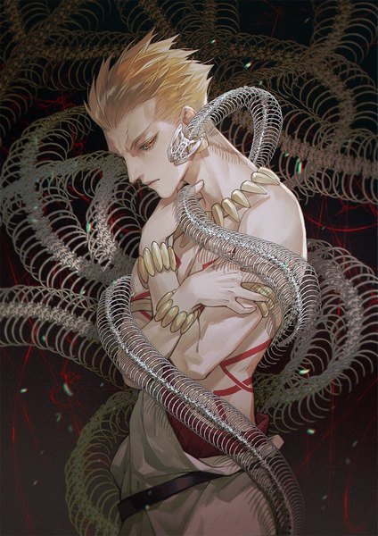 Anime picture 724x1024 with fate (series) fate/grand order gilgamesh (fate) nunok single tall image looking at viewer short hair blonde hair red eyes upper body tattoo topless crossed arms spiked hair skeleton boy bracelet necklace