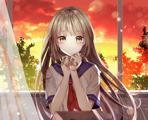 Anime picture 3265x2647 with original seno (senohime) long hair looking at viewer blush fringe highres smile brown hair yellow eyes absurdres sky upper body indoors blunt bangs arms up lens flare evening sunset solo focus