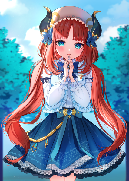 Anime picture 2639x3720 with genshin impact nilou (genshin impact) nilou (samsung) (genshin impact) ineka ka single long hair tall image looking at viewer blush fringe highres open mouth blue eyes standing twintails sky cloud (clouds) outdoors red hair blunt bangs