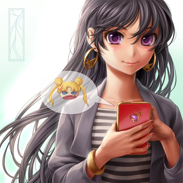 Anime picture 1000x1000 with bishoujo senshi sailor moon toei animation hino rei kotikomori single long hair black hair smile white background signed nail polish pink eyes open clothes open jacket gradient background watermark girl earrings jacket bracelet