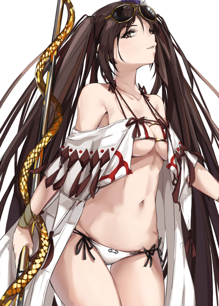 Anime picture 2864x4000 with fate (series) fate/grand order yu mei-ren (fate) yu miaoyi (swimsuit lancer) kilalesi single long hair tall image looking at viewer fringe highres breasts light erotic simple background smile brown hair large breasts standing white background twintails