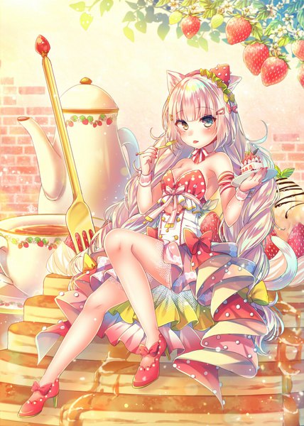 Anime picture 714x1000 with original nemuri nemu single long hair tall image looking at viewer blush fringe breasts blue eyes hair between eyes sitting holding animal ears yellow eyes cleavage tail nail polish animal tail cat ears