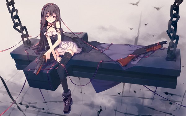 Anime picture 1920x1200 with original ruroo single long hair looking at viewer fringe highres black hair wide image sitting holding brown eyes grey background gothic girl thighhighs dress skirt ribbon (ribbons) weapon