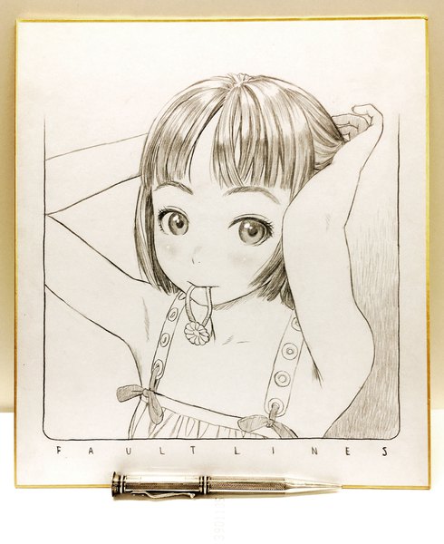 Anime picture 2854x3492 with original range murata single tall image looking at viewer highres short hair arms up sleeveless monochrome traditional media hair tie in mouth hairdressing graphite (medium) photo (medium) girl hair tie