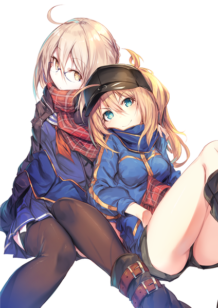 Anime picture 1000x1414 with fate (series) fate/grand order artoria pendragon (all) mysterious heroine x (alter) (fate) mysterious heroine x (fate) mysterious heroine x alter (first ascension) (fate) fal maro long hair tall image fringe light erotic simple background blonde hair hair between eyes white background sitting multiple girls yellow eyes ahoge aqua eyes