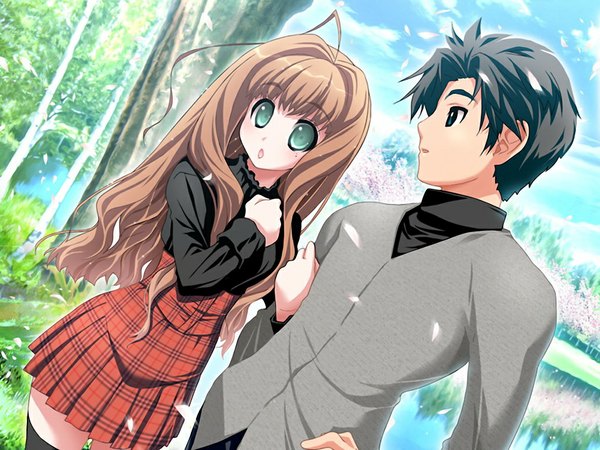 Anime picture 1024x768 with gengetsu no pandora aisaka fumiki long hair short hair black hair brown hair green eyes game cg couple girl boy