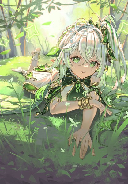 Anime picture 2334x3347 with genshin impact nahida (genshin impact) al guang single long hair tall image looking at viewer fringe highres hair between eyes green eyes outdoors white hair lying pointy ears side ponytail symbol-shaped pupils on stomach girl bracelet