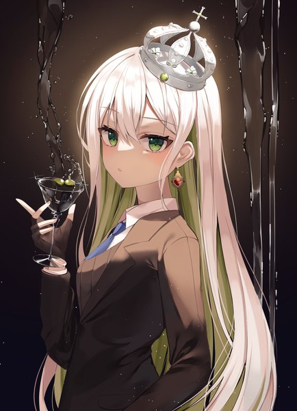 Anime picture 2978x4121 with original nannung single long hair tall image looking at viewer blush fringe highres open mouth simple background hair between eyes holding green eyes upper body white hair long sleeves multicolored hair two-tone hair black background