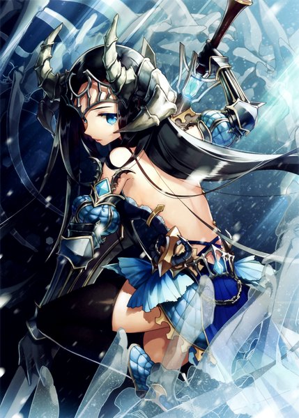 Anime picture 2234x3123 with qurare: magic library salt (salty) single long hair tall image looking at viewer highres blue eyes black hair bare shoulders holding bent knee (knees) looking back horn (horns) leaning standing on one leg snowing bare back skeleton girl