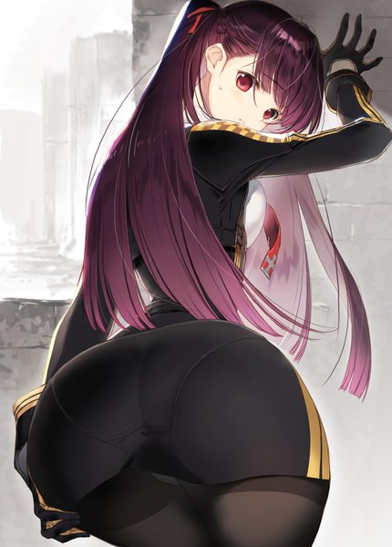 Anime picture 1076x1500 with girls frontline wa2000 (girls frontline) nakamura takeshi single long hair tall image looking at viewer blush fringe breasts light erotic red eyes standing purple hair ass indoors braid (braids) head tilt looking back from behind