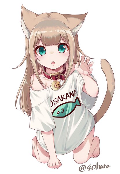 Anime picture 691x1000 with original kinako (iyapan) 40hara single long hair tall image looking at viewer blush fringe open mouth simple background blonde hair white background signed animal ears payot full body tail blunt bangs animal tail