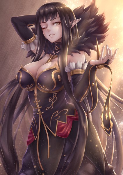 Anime-Bild 705x1000 mit fate (series) fate/apocrypha semiramis (fate) lioreo single tall image looking at viewer fringe breasts light erotic black hair simple background large breasts standing yellow eyes payot cleavage very long hair parted lips one eye closed
