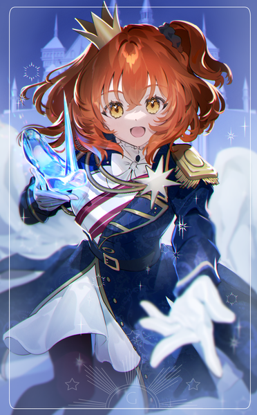 Anime picture 926x1492 with fate (series) fate/grand order fujimaru ritsuka (female) galibo single tall image looking at viewer short hair open mouth yellow eyes :d orange hair sparkle one side up framed outstretched hand halloween royalty girl gloves white gloves