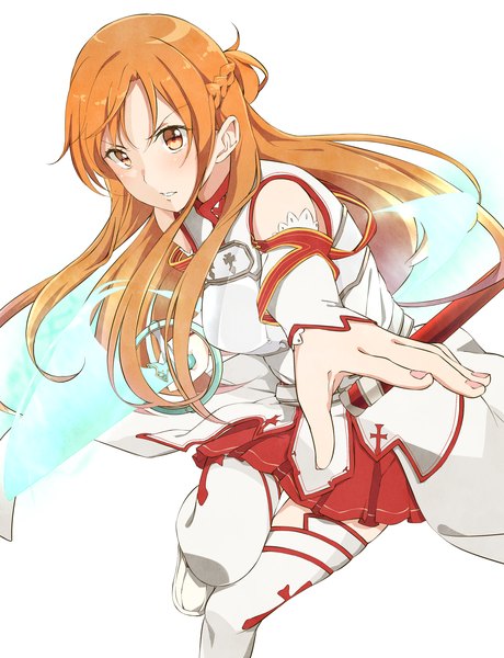 Anime picture 2507x3265 with sword art online a-1 pictures yuuki asuna haine single long hair tall image looking at viewer highres brown hair bare shoulders brown eyes girl thighhighs skirt weapon detached sleeves white thighhighs sword