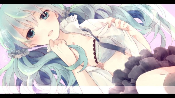 Anime picture 1280x720 with vocaloid hatsune miku kirakira0926k single long hair blush open mouth blue eyes wide image twintails lying open clothes letterboxed girl skirt socks black socks