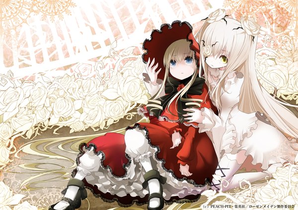 Anime picture 1983x1402 with rozen maiden shinku kirakishou tansuke long hair highres blue eyes multiple girls yellow eyes white hair very long hair loli lolita fashion girl thighhighs dress flower (flowers) 2 girls white thighhighs frills