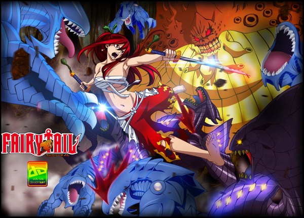 Anime picture 1500x1078 with fairy tail erza scarlet sal-88 long hair open mouth light erotic red eyes holding yellow eyes ponytail red hair inscription teeth coloring torn clothes glowing glowing eye (eyes) dual wielding angry sharp teeth