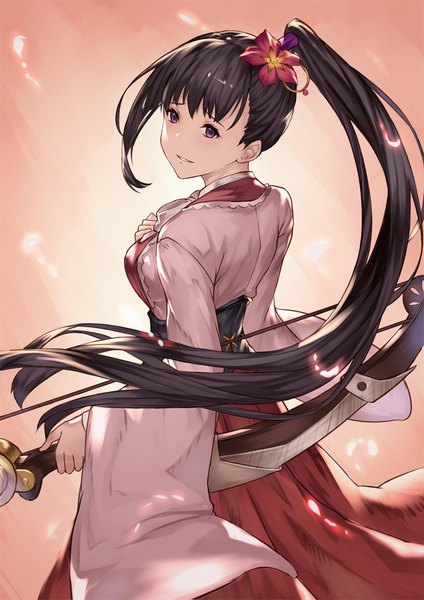 Anime picture 700x990 with koutetsujou no kabaneri wit studio yomogawa ayame lialight single long hair tall image blush fringe breasts smile brown hair purple eyes holding ponytail blunt bangs long sleeves traditional clothes japanese clothes looking back