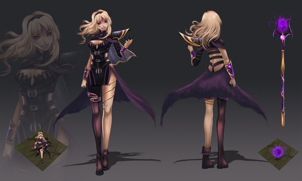 Anime picture 2667x1600 with league of legends lux (league of legends) cmorilla (artist) single long hair highres simple background blonde hair smile wide image purple eyes lips from behind shadow dark background girl staff clothes