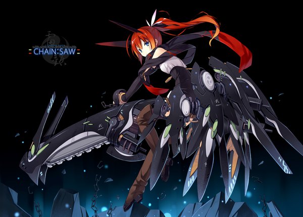Anime picture 1394x1000 with original poco (asahi age) single long hair fringe blue eyes hair between eyes holding payot full body bent knee (knees) ponytail red hair text floating hair black background flying english glow mecha musume
