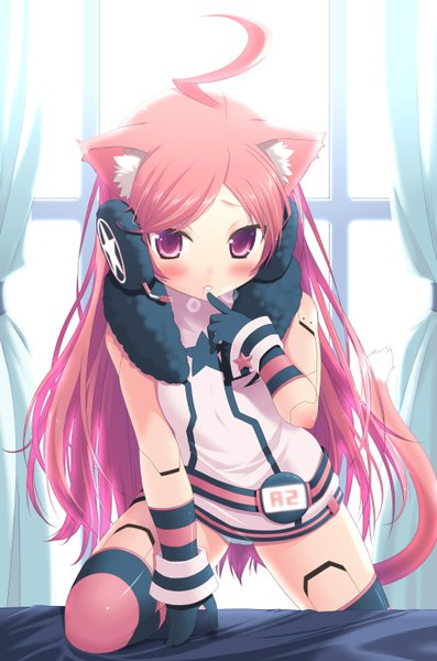 Anime picture 1000x1510 with vocaloid miki (vocaloid) amamiya minato single long hair tall image blush light erotic red eyes animal ears pink hair cat ears cat tail finger to mouth girl thighhighs gloves headphones striped thighhighs