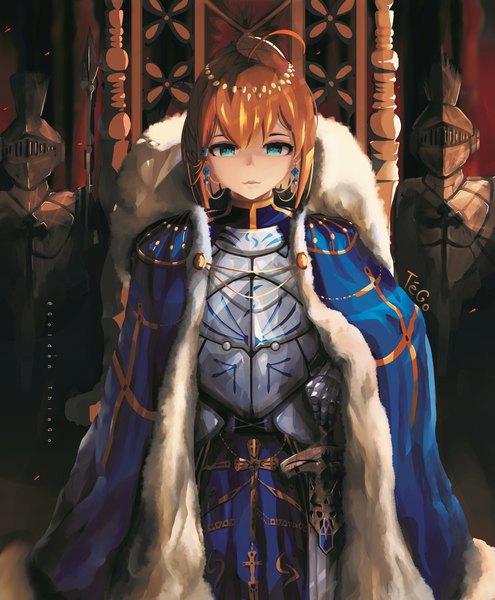 Anime picture 4700x5700 with fate (series) fate/stay night artoria pendragon (all) saber thiago0golden tall image looking at viewer fringe highres short hair blue eyes blonde hair standing absurdres ahoge indoors fur trim knight girl weapon