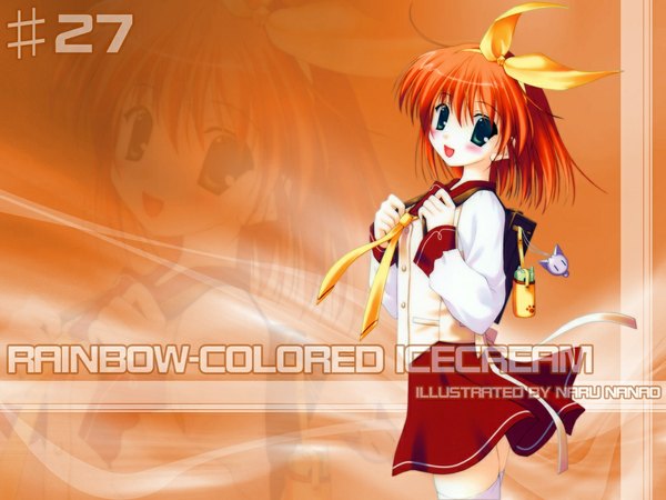 Anime picture 1024x768 with rainbow colored icecream nanao naru single looking at viewer blush fringe short hair open mouth hair between eyes green eyes :d orange hair zoom layer paw print girl thighhighs skirt white thighhighs necktie hairband