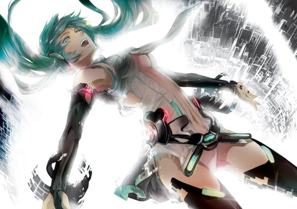 Anime picture 2480x1748 with vocaloid vocaloid append hatsune miku hatsune miku (append) rahwia single long hair highres open mouth twintails aqua eyes aqua hair girl navel necktie