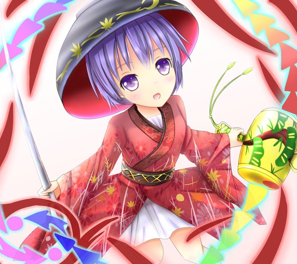 Anime picture 1300x1156 with touhou sukuna shinmyoumaru deeshima single looking at viewer blush short hair open mouth simple background white background purple eyes blue hair traditional clothes japanese clothes danmaku girl kimono needle