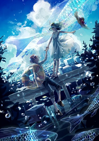 Anime picture 703x1000 with original maple (cyakapon) long hair tall image short hair blonde hair standing sky cloud (clouds) green hair outstretched arm city holding hands underwater eye contact hat removed transparent dress boy hat