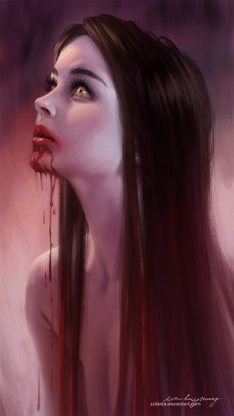 Anime picture 604x1075 with zolaida (artist) single long hair tall image light erotic black hair looking away profile nude lips realistic no bra orange eyes blood on face girl blood