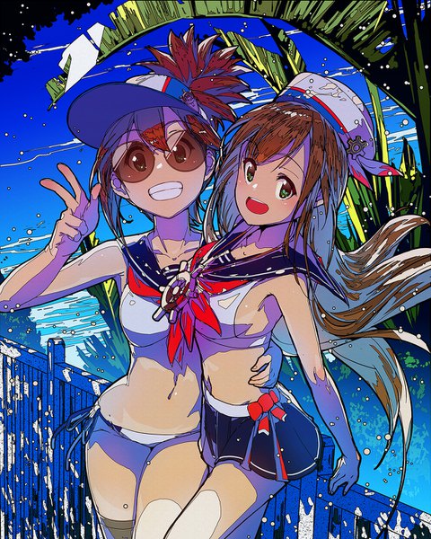 Anime picture 1129x1412 with original apapico long hair tall image looking at viewer blush fringe short hair breasts open mouth light erotic smile hair between eyes brown hair standing multiple girls green eyes outdoors ponytail bare belly