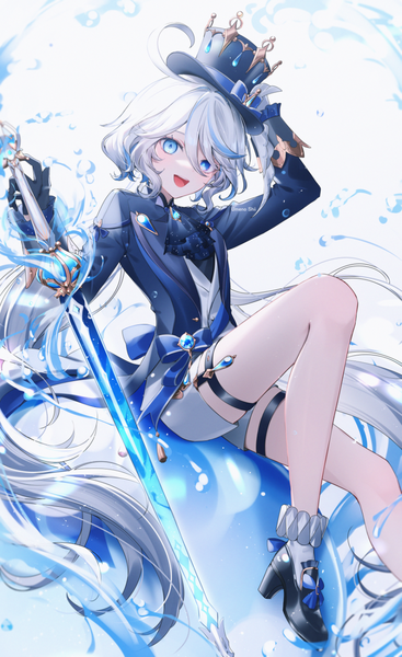Anime picture 857x1400 with genshin impact furina (genshin impact) umeno shii single tall image looking at viewer fringe open mouth blue eyes simple background smile hair between eyes white background sitting twintails signed ahoge bent knee (knees) white hair long sleeves
