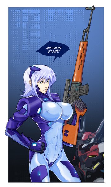 Anime picture 1000x1670 with muv-luv alternative muv-luv cryska barchenowa uger single tall image fringe short hair breasts blue eyes light erotic large breasts silver hair hand on hip framed girl weapon gun bodysuit sniper rifle