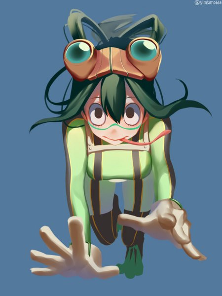 Anime picture 600x800 with boku no hero academia studio bones asui tsuyu asd13 single long hair tall image fringe simple background hair between eyes signed full body green hair black eyes blue background goggles on head long tongue frog girl girl bodysuit