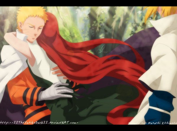 Anime picture 1600x1194 with naruto studio pierrot naruto (series) uzumaki naruto namikaze minato uzumaki kushina iitheyahikodarkii short hair blonde hair smile red hair eyes closed very long hair sunlight hug coloring facial mark letterboxed sunbeam whisker markings