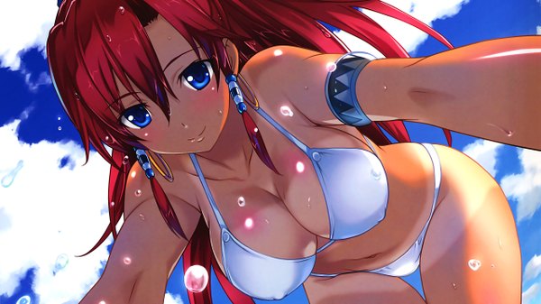 Anime picture 2560x1440 with suisei no gargantia production i.g bellows (suisei no gargantia) tagme (artist) single long hair blush highres breasts blue eyes light erotic smile wide image large breasts sky cloud (clouds) red hair girl swimsuit bikini