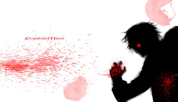 Anime picture 2500x1440 with tokyo ghoul studio pierrot kaneki ken single highres short hair black hair red eyes wide image white background wallpaper outstretched arm blood stains boy blood mask splashes