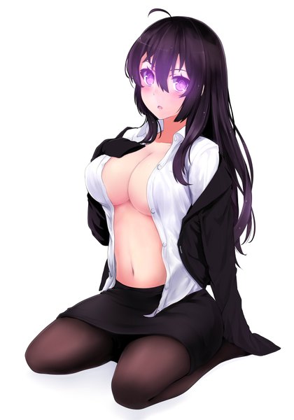 Anime picture 2800x4000 with original miyaura sanshio beifeng han single long hair tall image blush highres breasts open mouth light erotic black hair simple background large breasts white background purple eyes full body open shirt girl skirt
