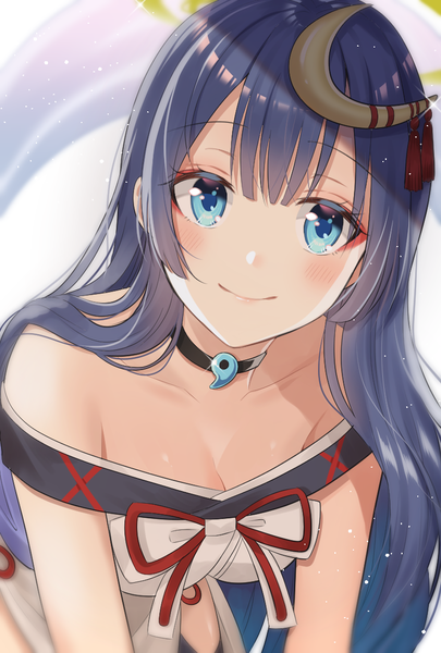 Anime picture 800x1184 with original myusha single long hair tall image looking at viewer blush fringe breasts blue eyes simple background smile bare shoulders blue hair cleavage upper body off shoulder grey background sparkle girl
