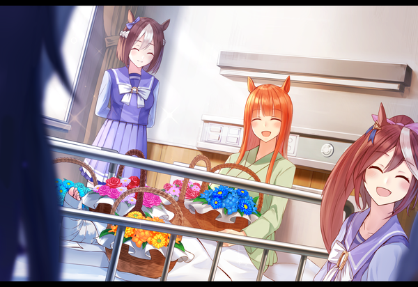 Anime picture 2000x1376 with umamusume silence suzuka (umamusume) tokai teio (umamusume) special week (umamusume) harukana (harukana 10) long hair blush fringe highres short hair open mouth smile hair between eyes brown hair standing sitting multiple girls animal ears payot ponytail