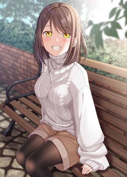 Anime picture 2590x3624 with original gurande (g-size) single tall image looking at viewer blush fringe highres short hair smile brown hair yellow eyes outdoors long sleeves nail polish fingernails blurry grin sleeves past wrists brick wall