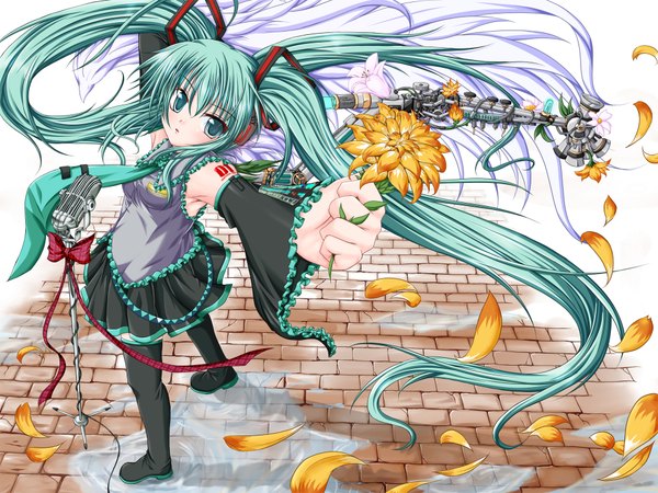 Anime picture 1920x1440 with vocaloid hatsune miku long hair highres green eyes green hair girl flower (flowers) ribbon (ribbons) detached sleeves petals microphone