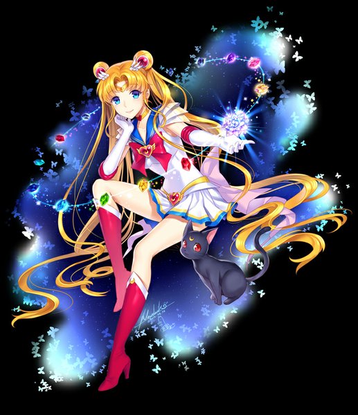Anime picture 700x813 with bishoujo senshi sailor moon toei animation tsukino usagi sailor moon luna (sailor moon) nardack single tall image looking at viewer blue eyes blonde hair twintails very long hair light smile girl gloves hair ornament animal boots white gloves