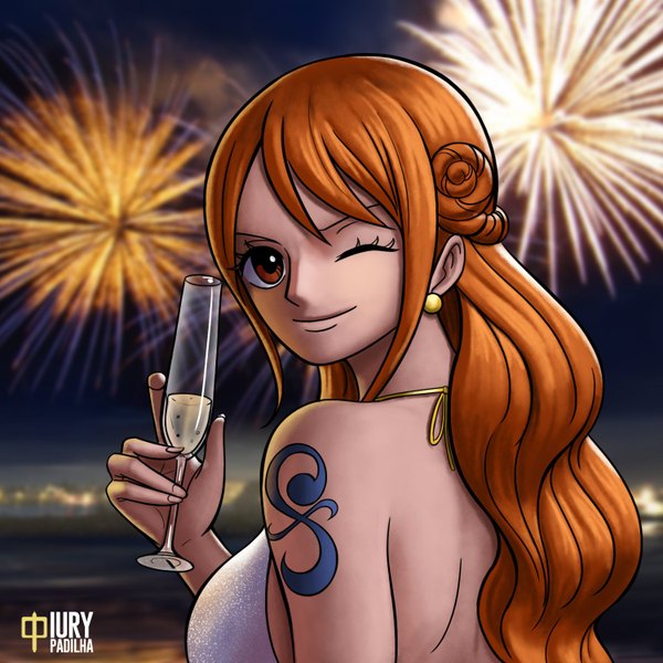Anime picture 1500x1500 with one piece toei animation nami (one piece) iury padilha single long hair looking at viewer fringe breasts smile large breasts standing bare shoulders holding payot upper body outdoors one eye closed looking back fingernails