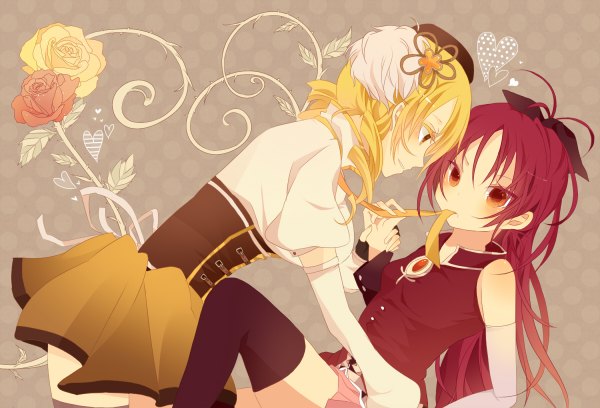 Anime picture 1200x816 with mahou shoujo madoka magica shaft (studio) sakura kyouko tomoe mami mmco blush blonde hair red eyes multiple girls yellow eyes red hair mouth hold drill hair girl thighhighs skirt flower (flowers) black thighhighs 2 girls miniskirt