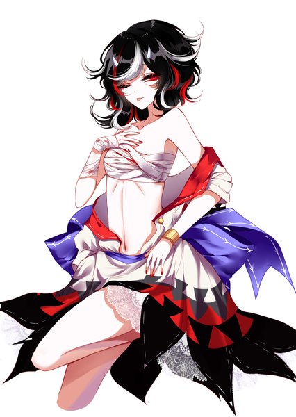 Anime picture 2200x3100 with touhou kijin seija sheya single tall image looking at viewer highres short hair light erotic black hair simple background red eyes white background bare shoulders nail polish one eye closed multicolored hair off shoulder bare belly streaked hair