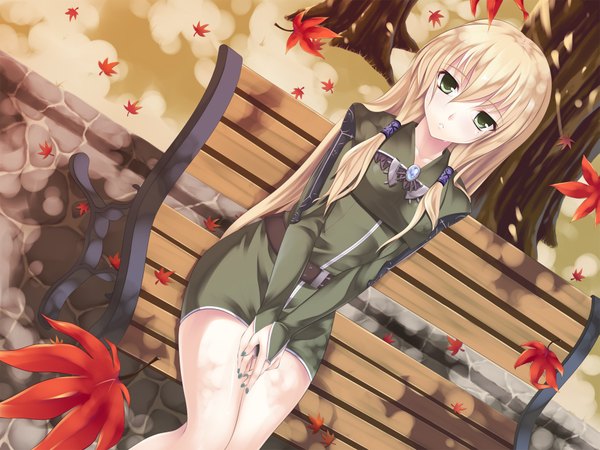 Anime picture 1909x1432 with iroha (unyun) single fringe highres blonde hair sitting green eyes very long hair tears low twintails crying hands clasped autumn girl plant (plants) tree (trees) leaf (leaves) bench maple leaf