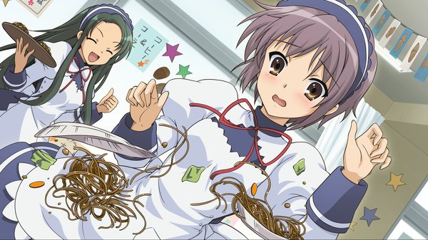 Anime picture 1920x1080 with suzumiya haruhi no yuutsu kyoto animation nagato yuki tsuruya long hair highres short hair open mouth wide image multiple girls yellow eyes purple hair eyes closed green hair maid girl 2 girls food headdress maid headdress